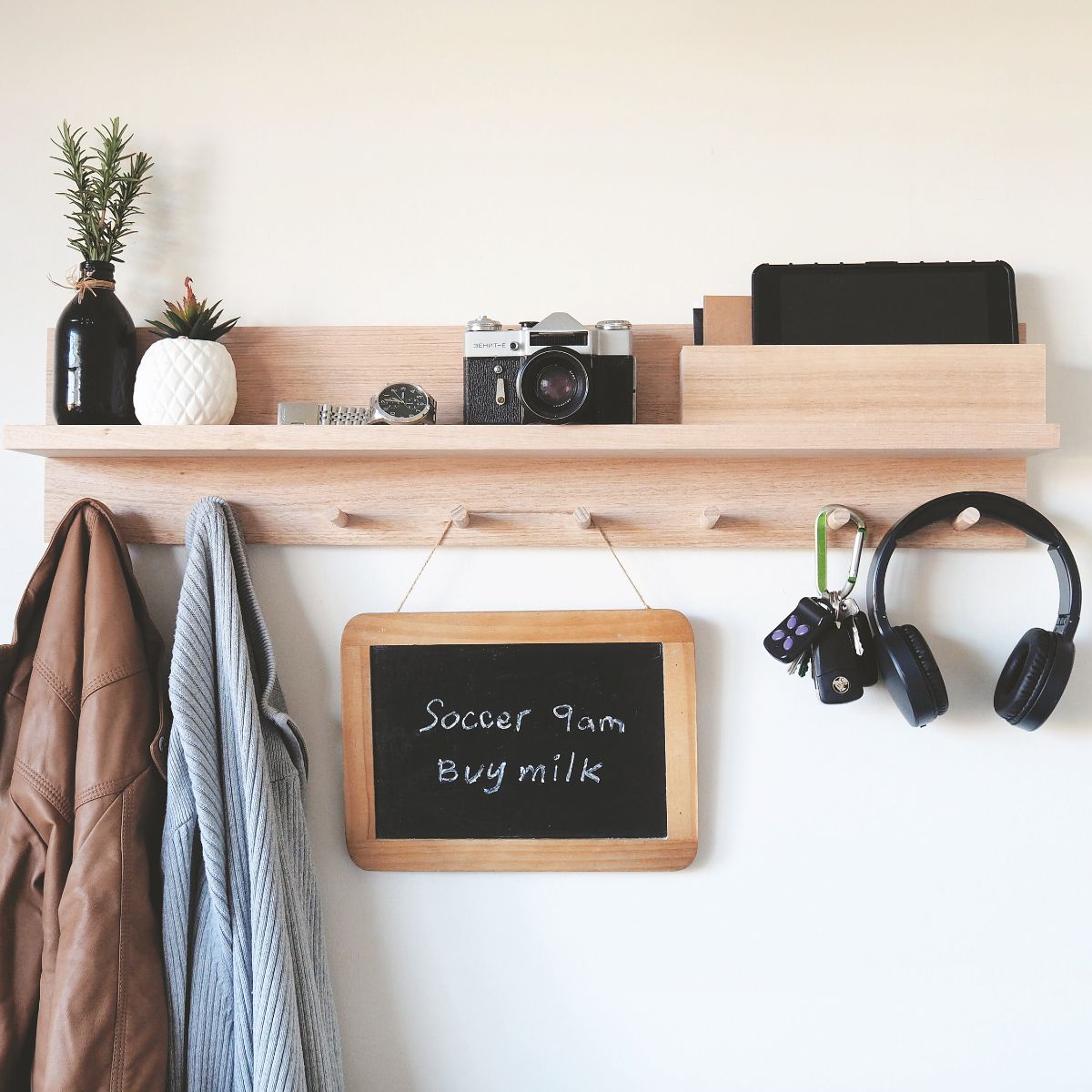 All-In-One Coat Rack Entryway Organiser Shelf. This item is 80cm with Tasmanian Oak Wood and Raw Finish.