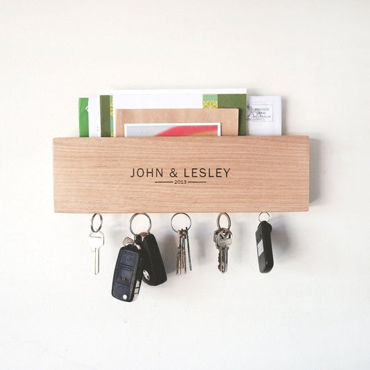 This is a wall-mounted mail and magnetic key holder for the entryway. Can be personalised for a great gift