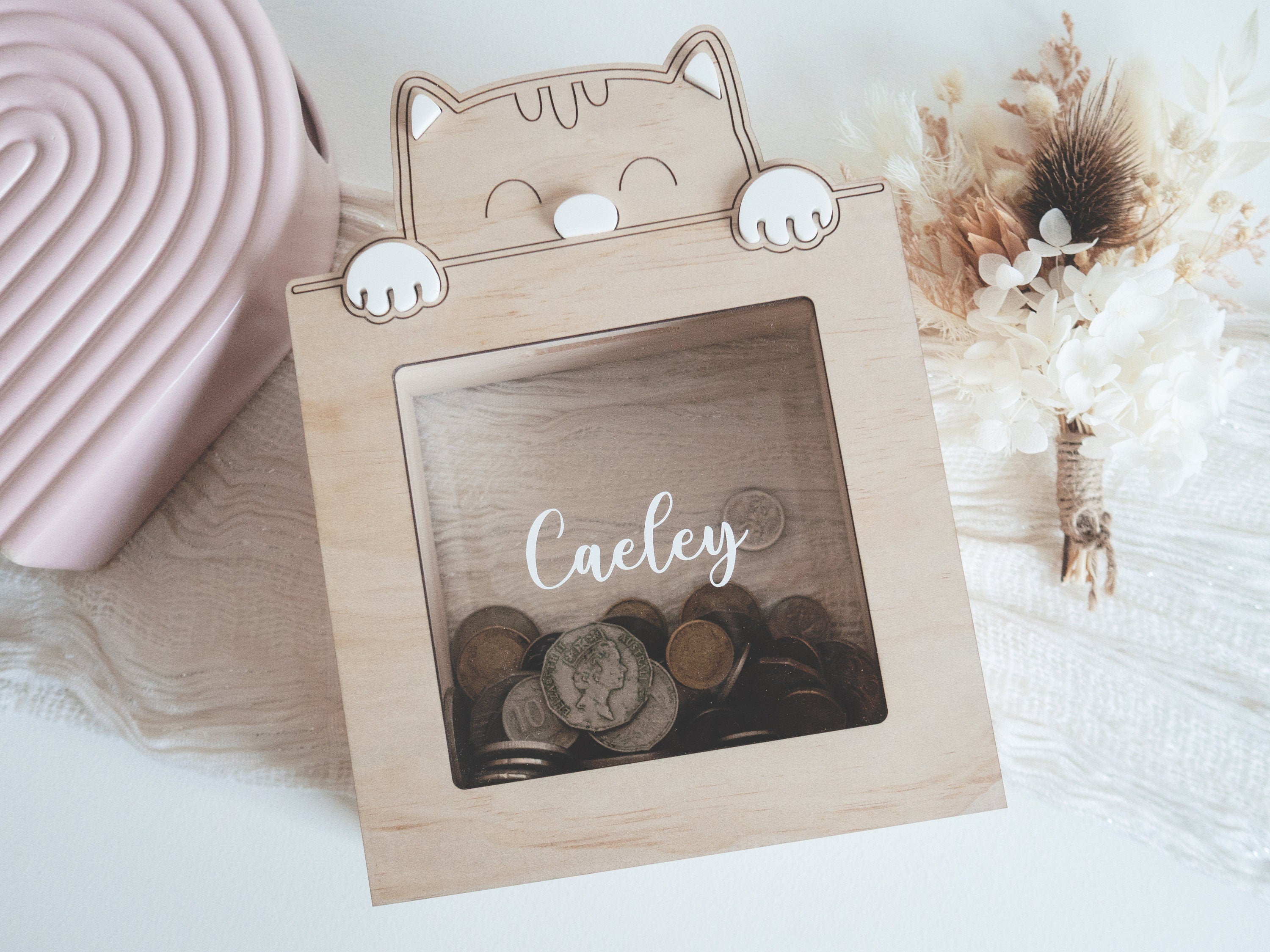 Personalised Wooden Money Box (Cat) Woodyoubuy