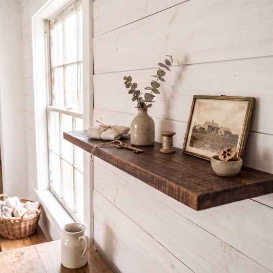A rustic dark wood floating shelf mounted on a white shiplap wall, styled with a ceramic vase of eucalyptus, a framed sepia photo, a small bowl, and a spool of thread in a bright farmhouse interior.