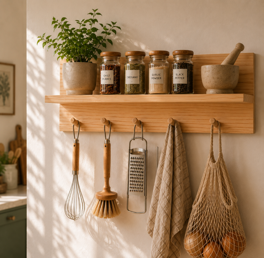 Minimalist wooden kitchen shelf with peg hooks holding a wooden whisk, dish brush, and mesh bag, styled with glass spice jars on top.