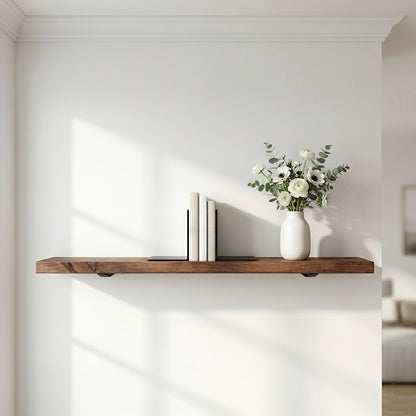 Front view of a styled walnut brown rustic timber floating shelf holding white books, a white vase with anemone flowers, and black brackets against a bright wall.