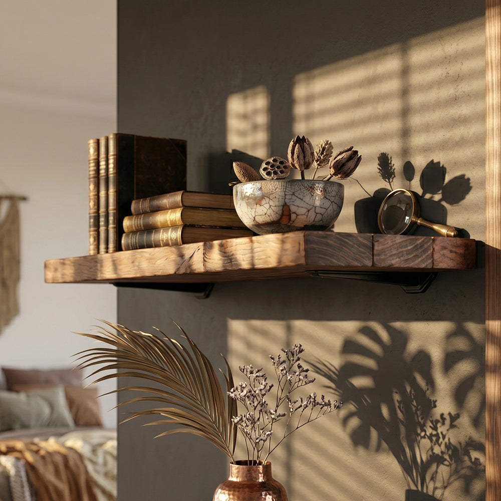 Rustic walnut brown timber wall shelf mounted on a dark grey bedroom wall holding vintage books and a decorative ceramic bowl under warm, slatted window light.