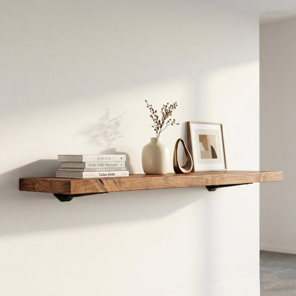 Long farmhouse style timber floating shelf in walnut brown styled with minimalist books, a modern white vase, and a gold photo frame in a bright living space.