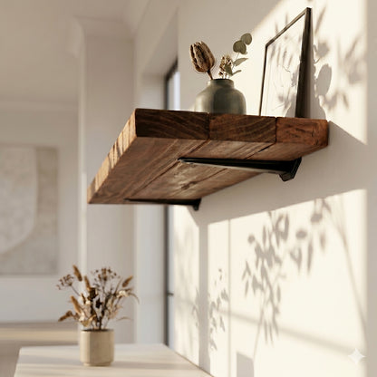 Close-up angled view from underneath a chunky walnut brown wood floating shelf displaying a ceramic vase and framed artwork in a sunlit room.
