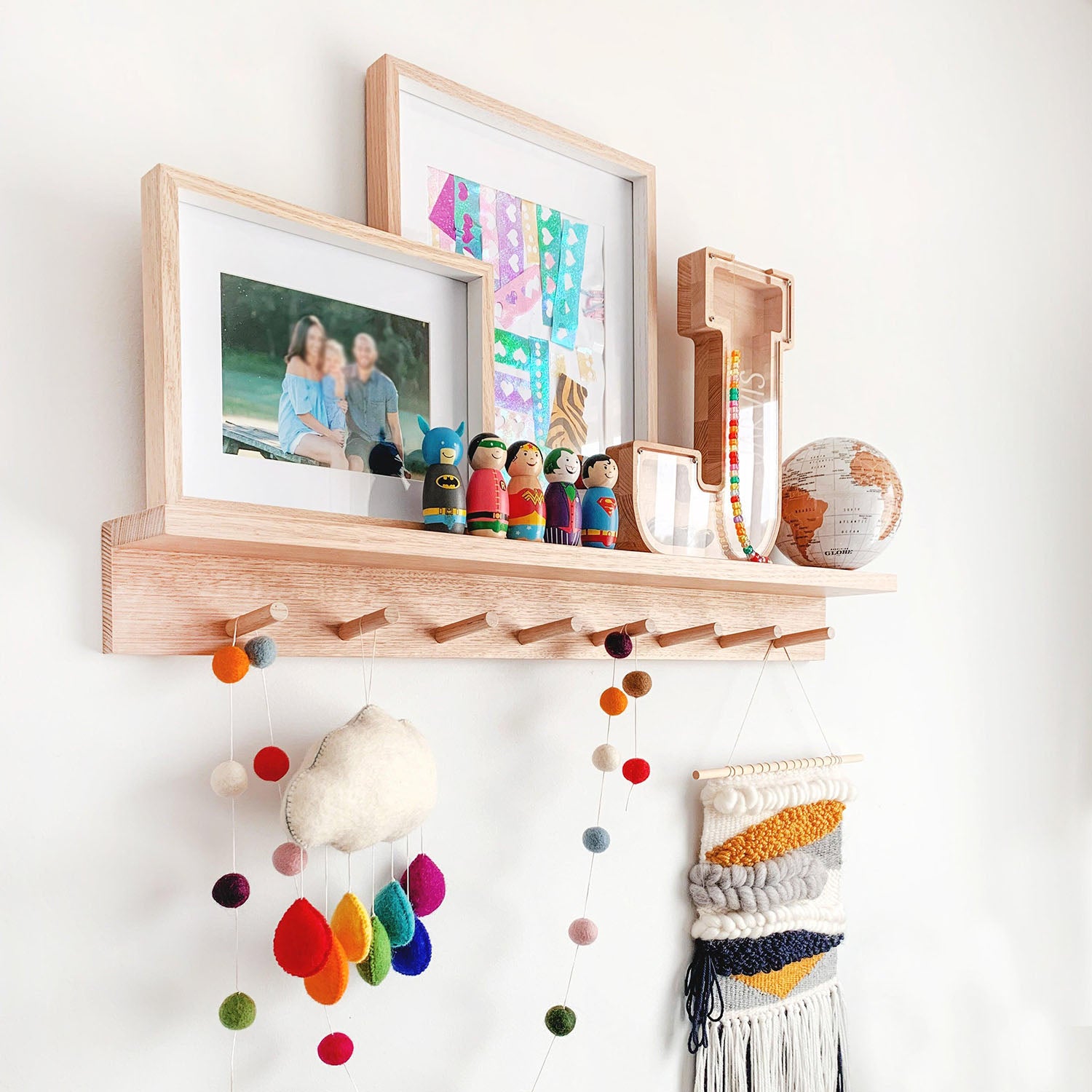 Nursery Shelf Wall Mount Coat Rack Peg Rail With Shelf