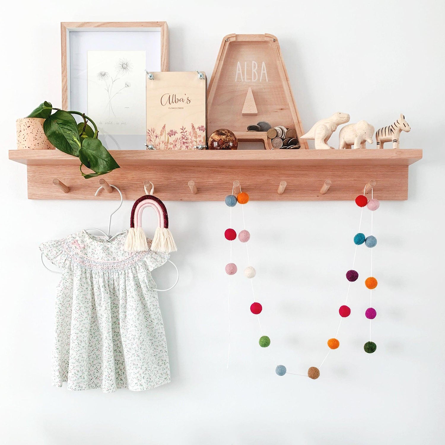 Nursery Shelf Wall Mount Coat Rack Peg Rail With Shelf