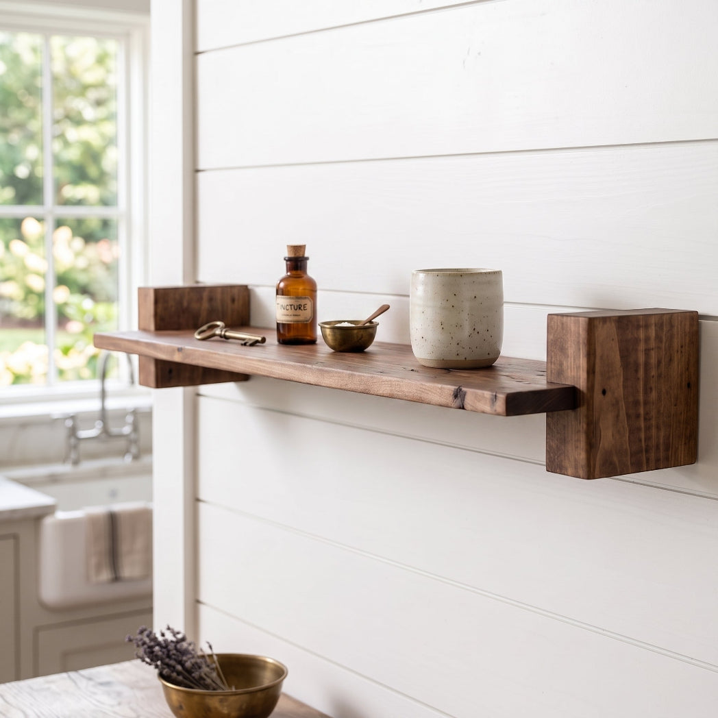 A rustic walnut-stained wood floating shelf mounted on a white shiplap wall, styled with a ceramic mug, small bowls, and an amber bottle. A farmhouse sink and window are visible in the softly lit background.