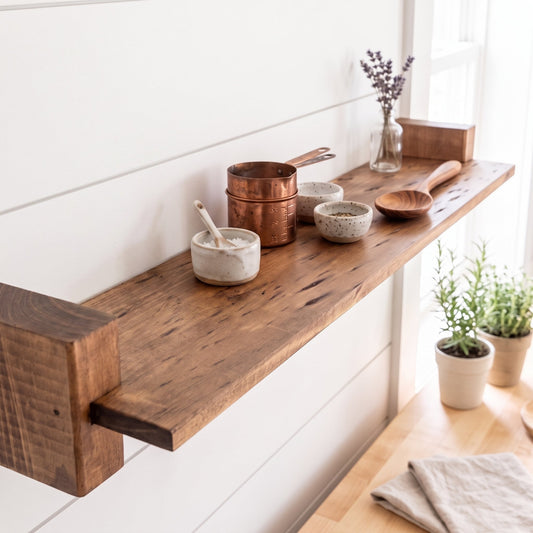A rustic dark brown wooden floating shelf mounted on a white shiplap wall, styled with copper pots, ceramic bowls, a small wooden box, and a glass vase with dried lavender. Two small potted green plants sit on the wooden table below.