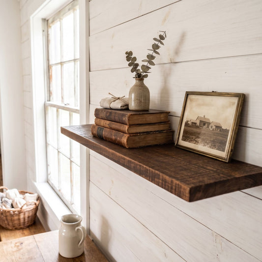 Close-up angled view of a handcrafted floating wooden shelf smounted on a white shiplap wall in a home