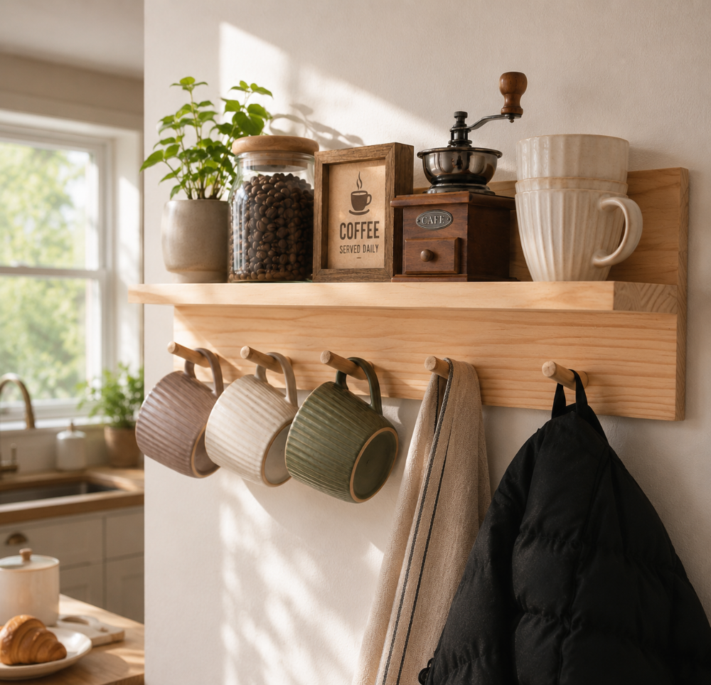 Wooden shelf with mugs, coffee beans, and a coffee grinder in a kitchen setting.