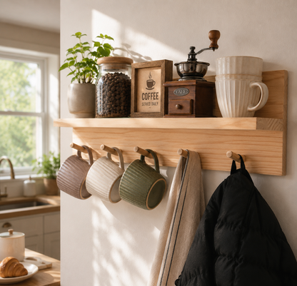 Wooden shelf with mugs, coffee beans, and a coffee grinder in a kitchen setting.
