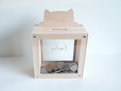 Personalised Wooden Money Box (Cat) - Coin Box, Kids Piggy Bank, Personalised Piggy Bank, Kids Gift Ideas, Wood Piggy Bank, Girls Wood Bank